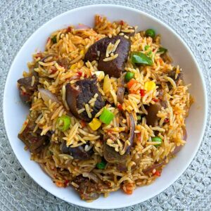 Coconut flavoured goat meat rice( Asun coconut rice)